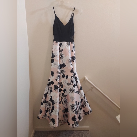 Windsor Black Top with Mesh Midriff Floral Pink and Tulle Train Full Skirt Dress - Picture 3 of 12